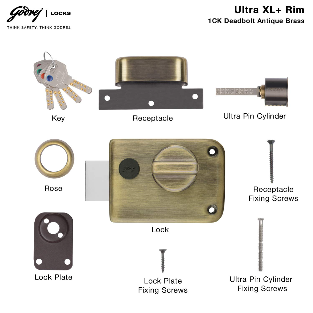 Godrej Rim Lock l 1CK Deadbolt I For Home Main Door I for Outside Opening Main & Safety Door I Left Right Handed Doors I Manual Locking I 4 Keys l Antique Brass Finish l 5 Year Warranty